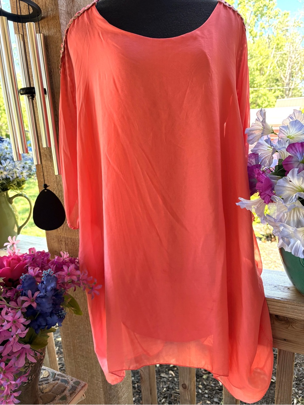 Femme Fatale Silky Peachy Pink Flowy  Layered Pullover Tunic Gold Metallic Trim